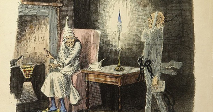 Period illustration of two men in a room lit by candlelight and keeping warm over a stove