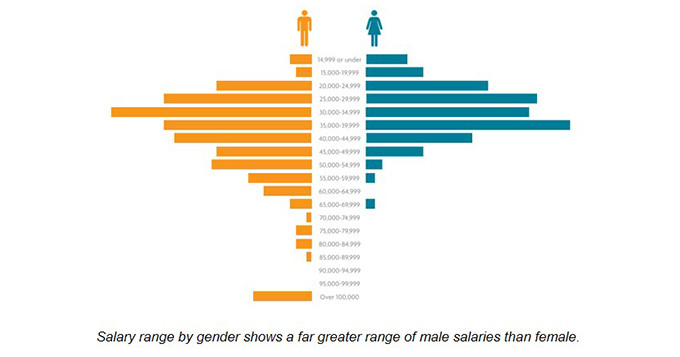 Pictorial chart showing salary range by gender. It shows a far greater range of male salaries than female.