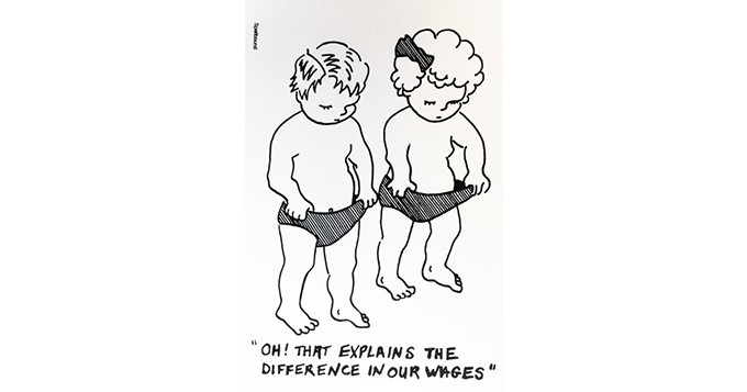 Cartoon image of a boy and a girl looking into their pants with the caption "Oh! That explains the difference in our wages"