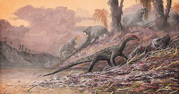 Illustration: A reconstruction of T. rhadinus feasting on a relative of early mammals. Credit: Natural History Museum, London, artwork by Mark Witton