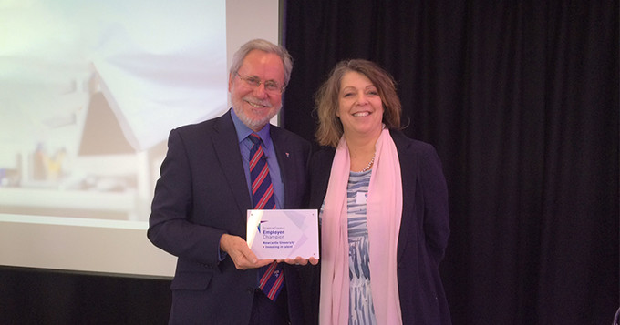 Science Council CEO, Belinda Phipps, presents Newcastle University' Vice Chancellor, Professor Chris Brink, with their Employer Champion plaque