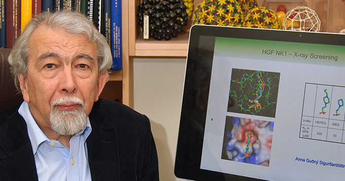 Professor Sir Tom Blundell sitting in front of a computer screen with the words HGF NK1 - X-Ray Screening