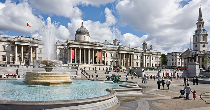 Trafalgar Square view of the National Gallery in London