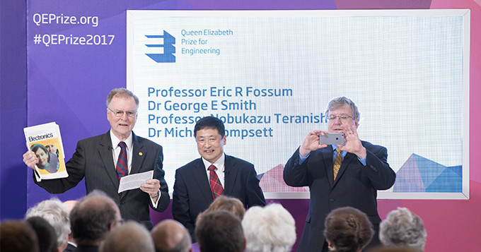 Winners of the QE Prize 2017 stand on stage in front of the audience