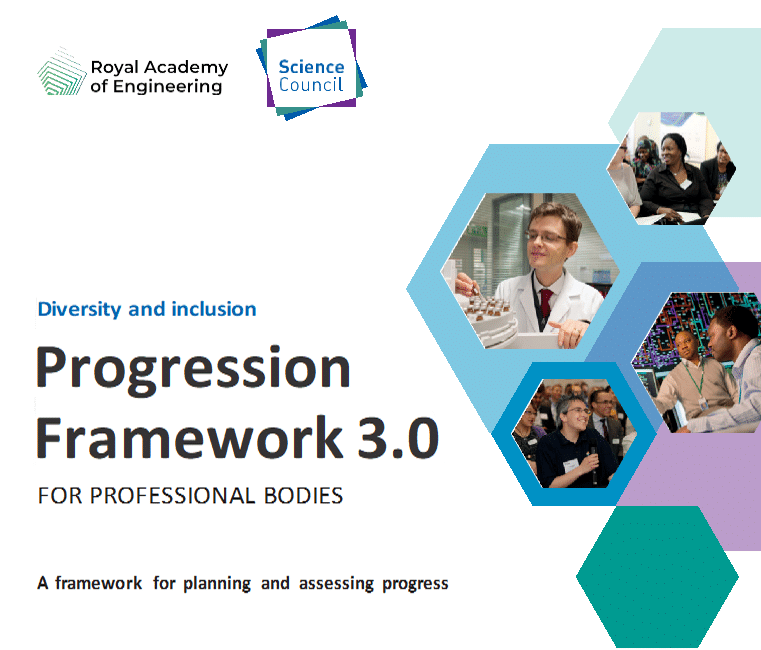 Front cover of the ‘Diversity and Inclusion Progression Framework 3.0’ for professional bodies, featuring logos of the Royal Academy of Engineering and the Science Council, with images of diverse STEM professionals working and collaborating, highlighting commitment to equality, diversity and inclusion in science and engineering.