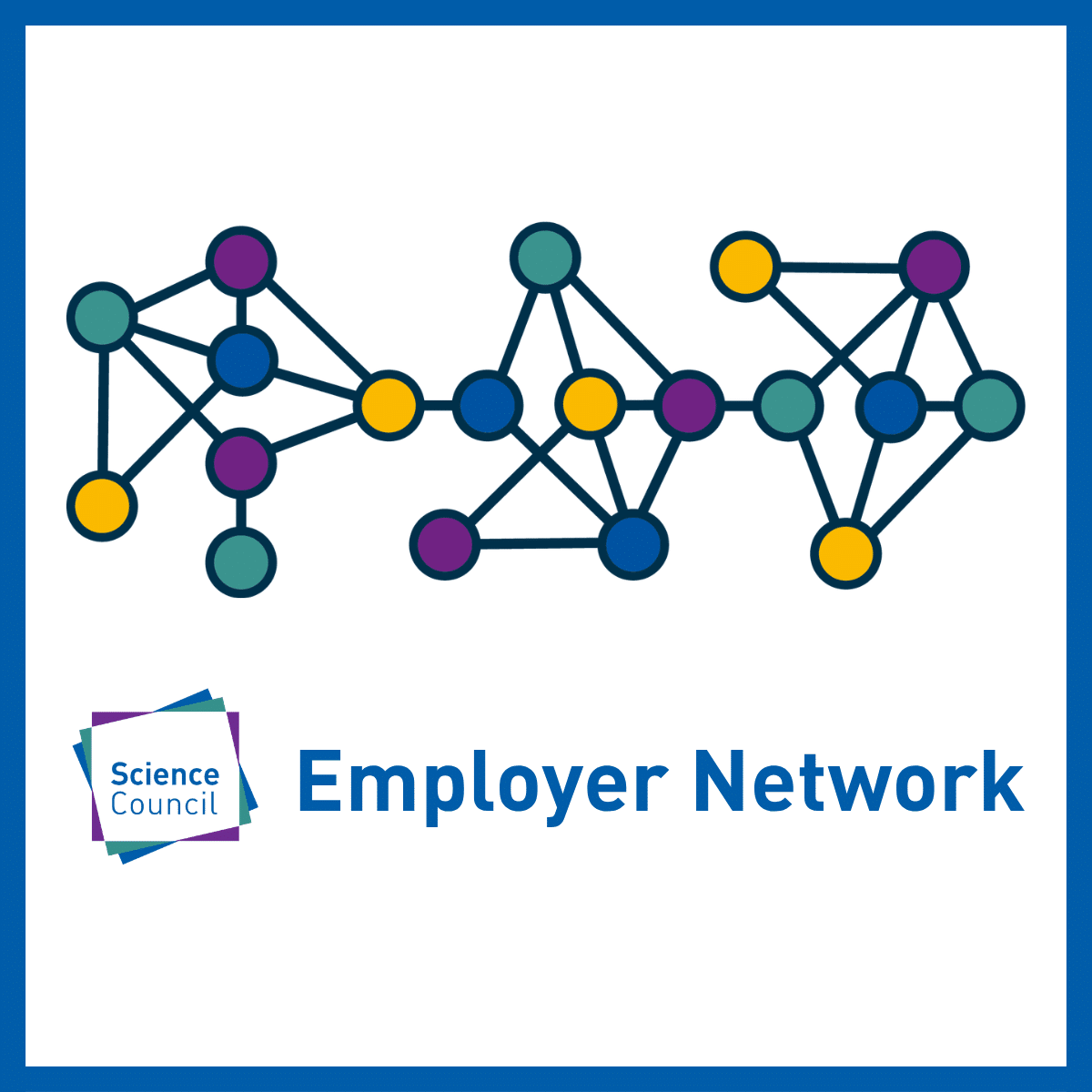 Graphic with green, blue, purple and yellow dots in clusters connected by black lines. Text reads Science Council Employer Network. Surrounded by blue border.
